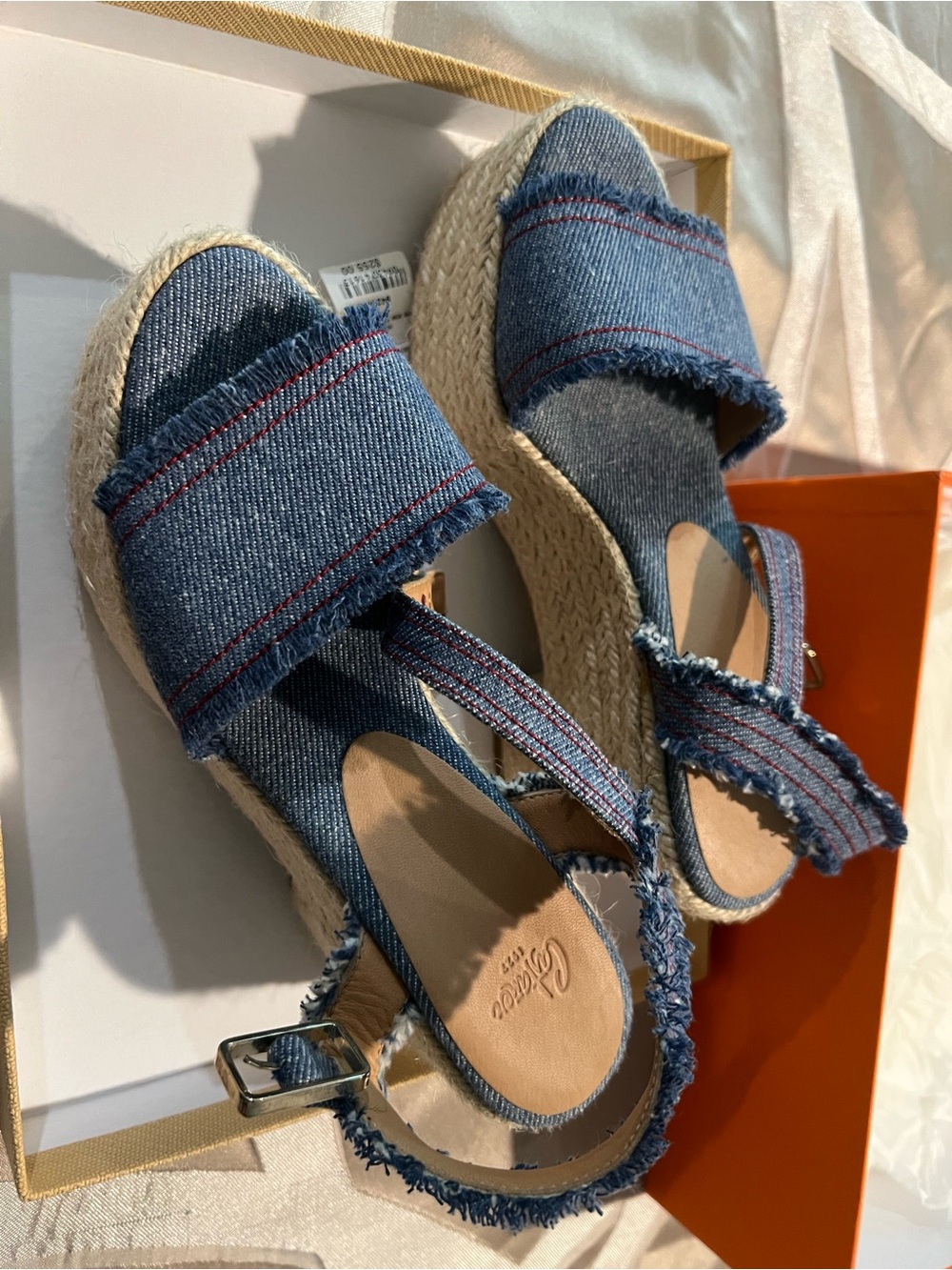 Castañer Xena Jeans Claro Denim Frayed Espadrille Wedge Heels - Blue
